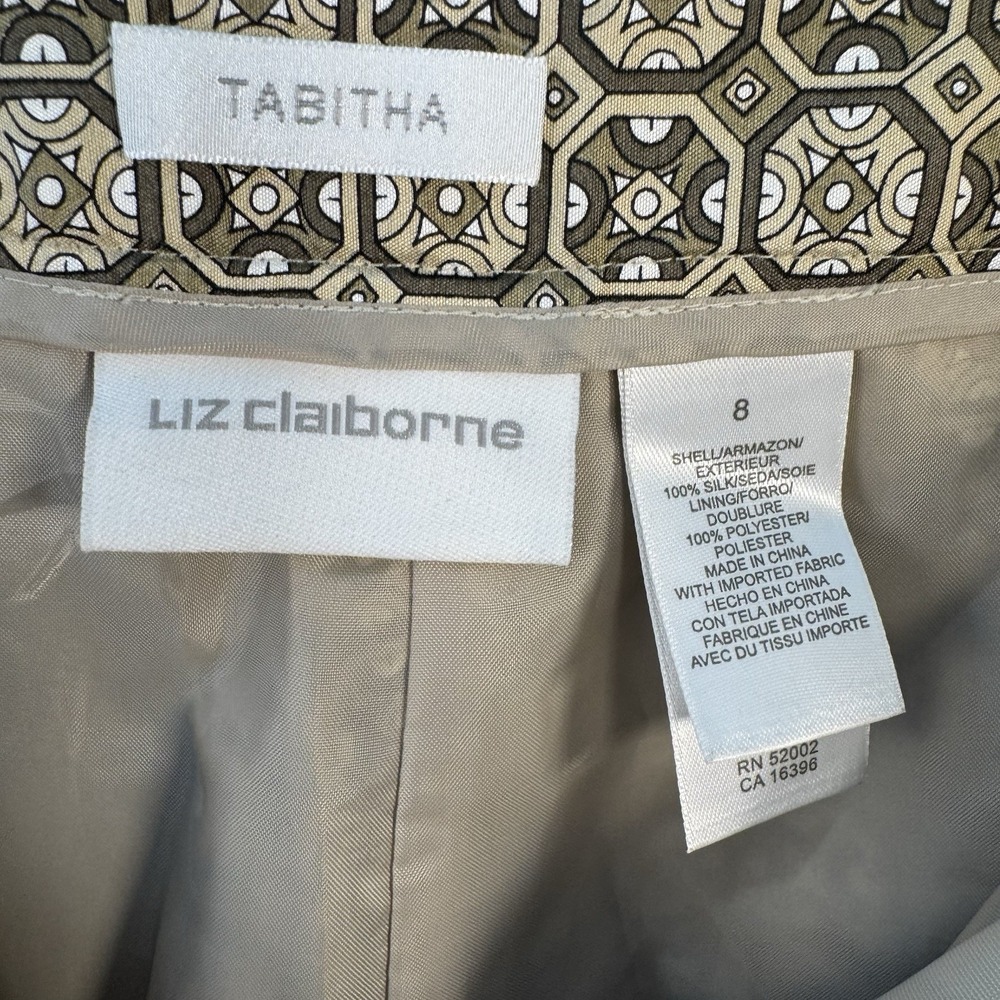 Liz Claiborne Tabitha Silk Pant Women's Sz 8 Khaki/Olive‎ Geometric Print - Picture 8 of 11